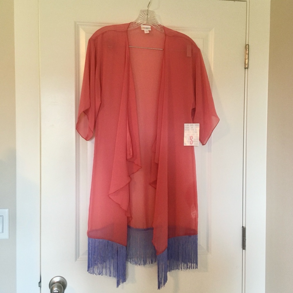 Lularoe Monroe Pink royal blue Fringed sheer patterned coral cover up new NWT